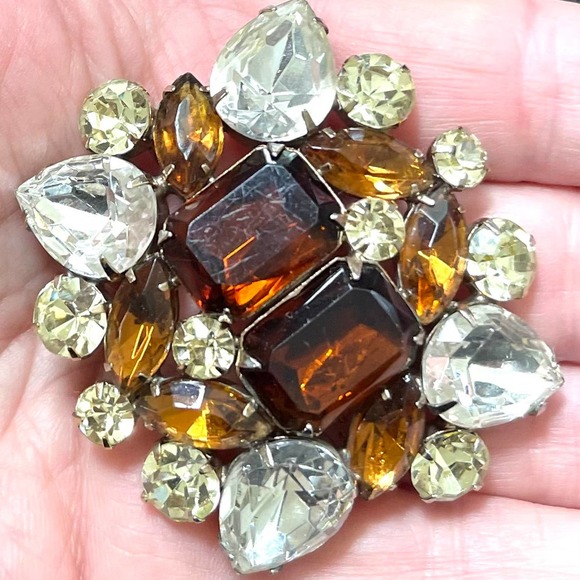 Vintage Brooch Root Beer Topaz Clear Rhinestone VTG Costume Jewelry Pin Lot M08 - Picture 2 of 4